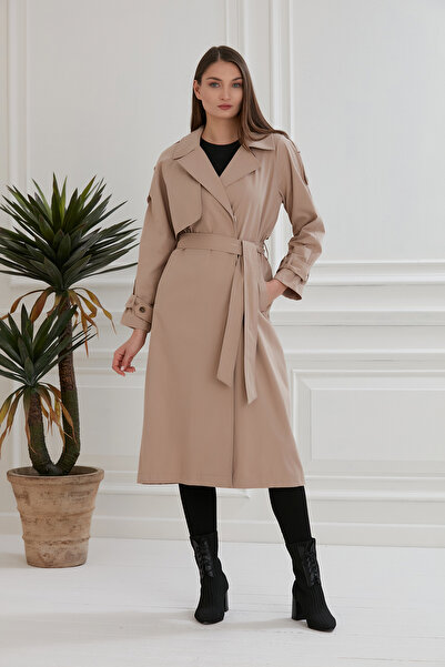 PİNKMARK Women's Long Trench Coat with Pocket Details and Belt, Buttoned
