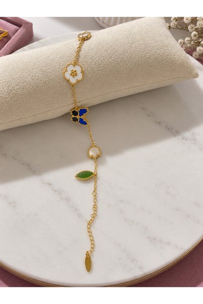 ANKA JEWELLRY Women's Flower and Butterfly Figure Chain Bracelet – Stylish and Elegant Design with Blue Details