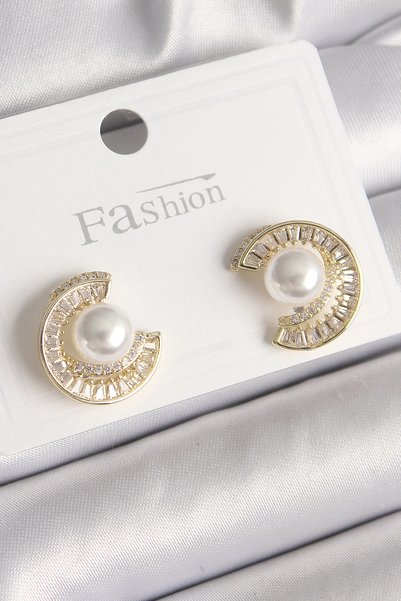 Livenda Brass Gold Color Zircon Stone Snail Model Pearl Detail Women's Earrin...