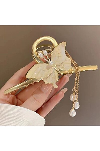 Glamluxe مشبك شعر معدني بلون ذهبي مع تصميم فراشة مطلية بالمينا ومرصعة باللؤلؤ
