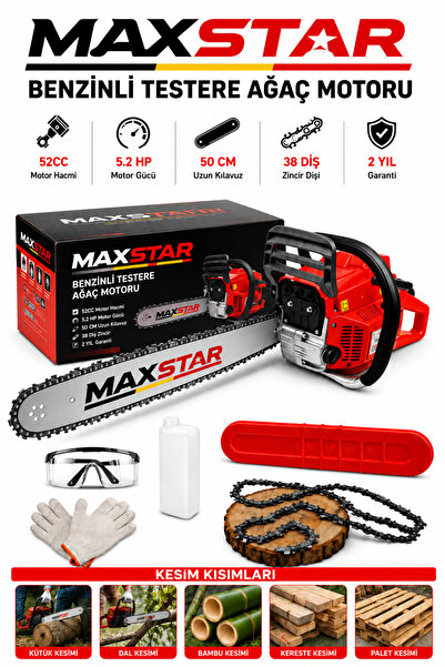 Maxstar Germany 52CC X9900 Benzinli Motorlu Testere 50CM Pala Ağaç Odun Kesme...
