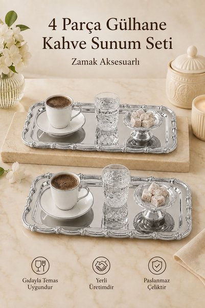 4 Parça 2 Kişilik Zamak Aksesuarlı -Gümüş Paslanmaz Çelik Kahve Sunum-İmramlık Set