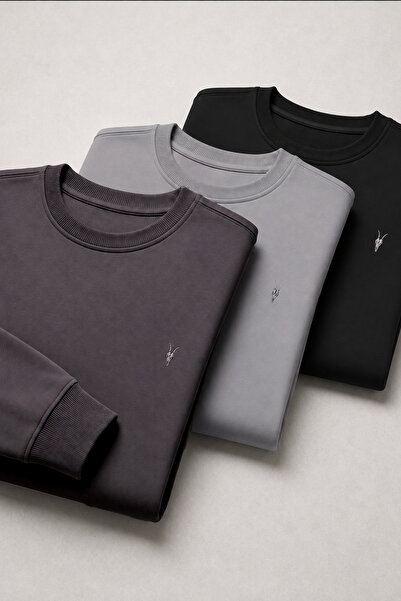 Erkek Bisiklet Yaka Basic Uzun Kollu 3-Lü Sweatshirt
