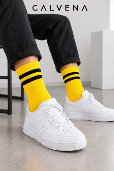 Calvena Unisex 6 Pairs Cotton Woven Circle Patterned Striped Tennis College Socks