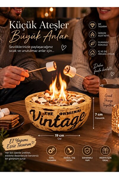 Technow Home-300 Vintage Eskitme Desen El Yapımı Masa Şöminesi Ateş Çukuru (200ml Bioetanol)