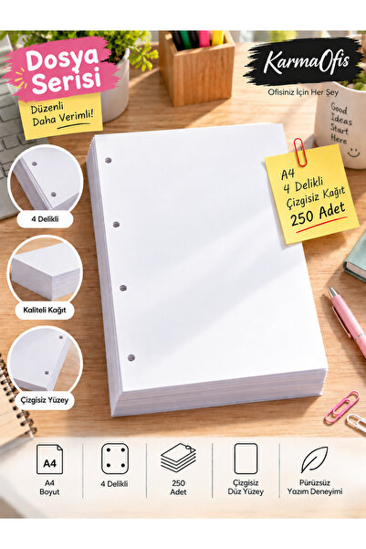KarmaOfis A4 4-Hole Unlined Paper |   250 Pieces Optional