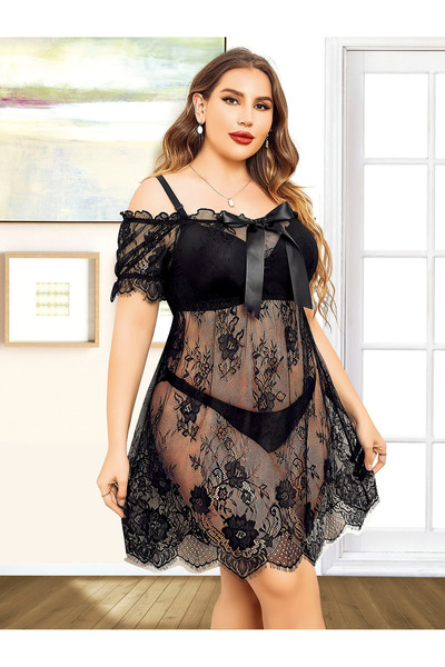 euro click Women's Plus Size Black Lace Off-Shoulder Nightgown