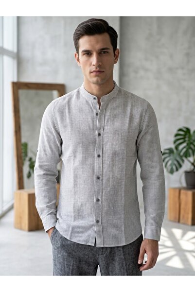 Chordi Men's Slim Fit Long Sleeve Linen Striped Judge Collar Shirt
