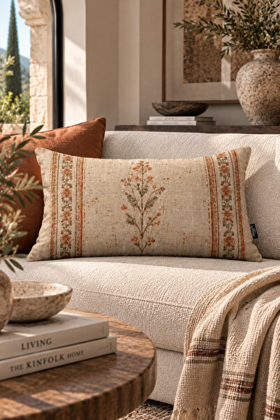 MUN HOME Siena Beige Embroidery Patterned Vintage Botanical Digital Printed Decorative 1 Piece Rectangular Throw Pillow Cover Double-Sided Digital Print with Hidden Zipper
