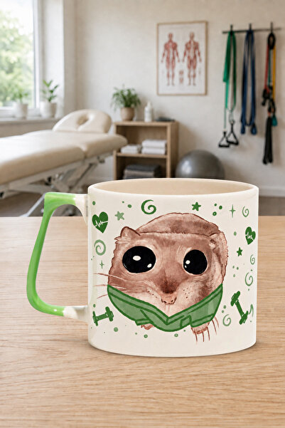 Kırtasiye Ofisi Sad Üzgün Hamster Fizyoterapist Baskılı Yeşil Kulplu Prime Kupa