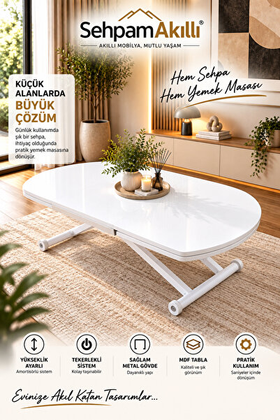 SEHPAM AKILLI Yan Baştan Açılır Yarı Oval Akıllı Yemek Masası Beyaz Mdf Tabla...