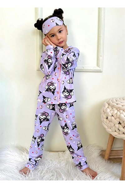 Generic Brand Cat Patterned Cotton Front Buttoned Long Sleeve Pajama Set with Eye Patch - 9038