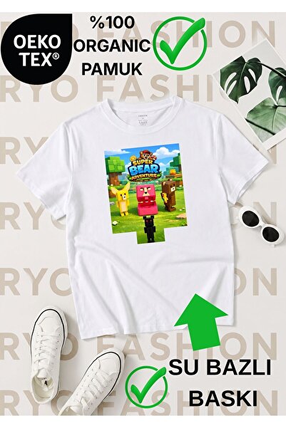RYO FASHİON Super Bear Game Character Pattern Printed 100% Organic Cotton Whi...