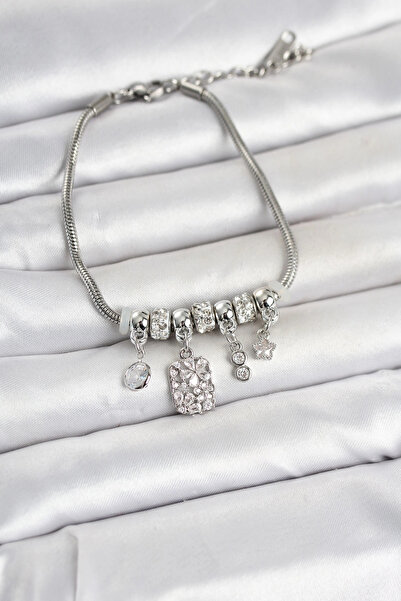 Livenda Brass Silver Color Flower Detailed Charm Women's Bracelet Tj-Bb8453