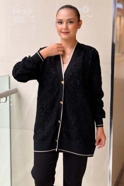 FUAT GÜRSEN Fuart Gürşen V-Neck Floral Guipure Patterned Knitwear Cardigan