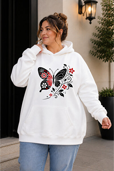 Rubonia Kadın Büyük Beden Oversize DTF Baskılı Kapüşonlu Sweatshirt – Beyaz K...