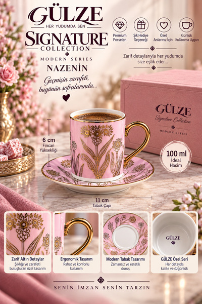 GÜLZE Signature Collection / Heritage Series / Nazeni̇n Model 2-Person Coffee Cup Set (Fine Bone Porcelain)