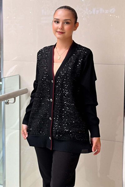FUAT GÜRSEN Fuat Gürşen Front Sequined Tweed Contrast Knitwear Cardigan