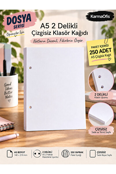 KarmaOfis Hârtie pentru dosare A5 cu 2 găuri, fără linii – Compatibilă cu dos...