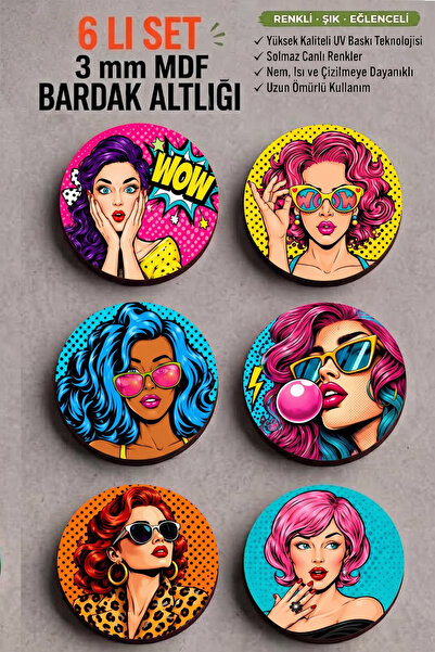 MARNELLO CONSEPT Pop Art Retro Girls Wooden Mdf 6-Piece Coasters |   Wooden C...