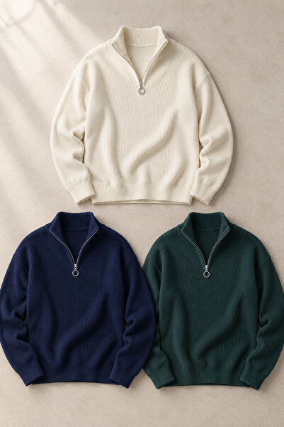 OTAKU 3-Pack Advantageous Men's Half-Zipper Stand-Up Collar Knit Sweater