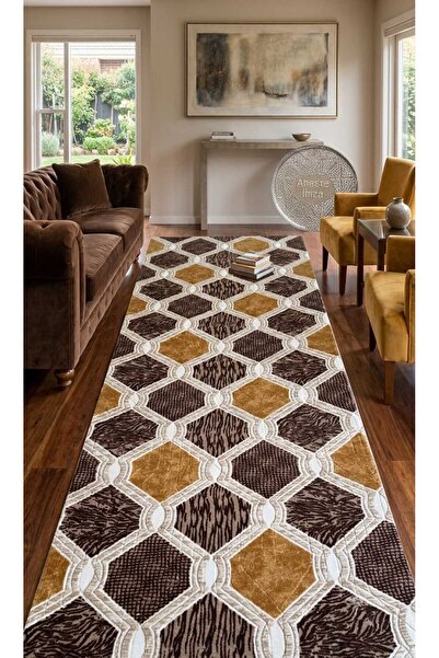 Nesrin Gold Kaymaz Taban Dekoratif Dokuma Halı Yolluk Geometrik Petek Desen S...
