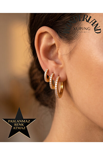XUPING JEWELRY Üçlü Halka Set Kadın Küpe - 14K Altın Renginde - Turbanlı Kull...