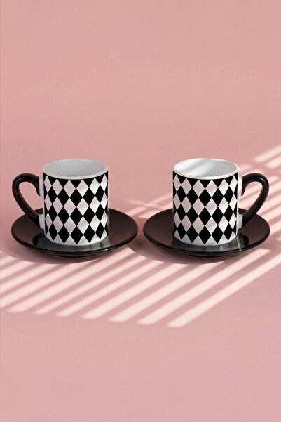Cool Stuff Studio Black and White Diamond Patterned 2-Piece Turkish Coffee Cups