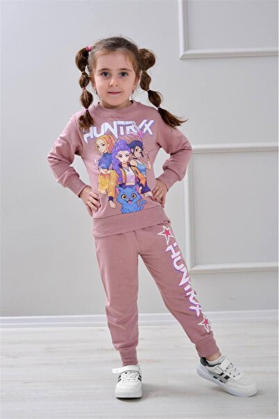 LUFFY KİDS Girl's Patterned 2-Thread Elastic Leg Sweatpants Set - 2044