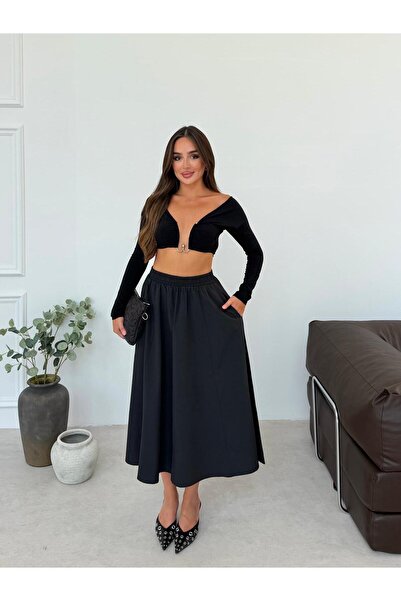 mielva Women's Black Comfortable Cut Maxi Skirt with Elastic Waist and Pockets