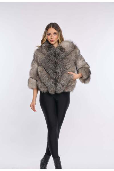 Luxus Haina din blana naturala de vulpe, model in V vulpe argintie, maneca 3/...
