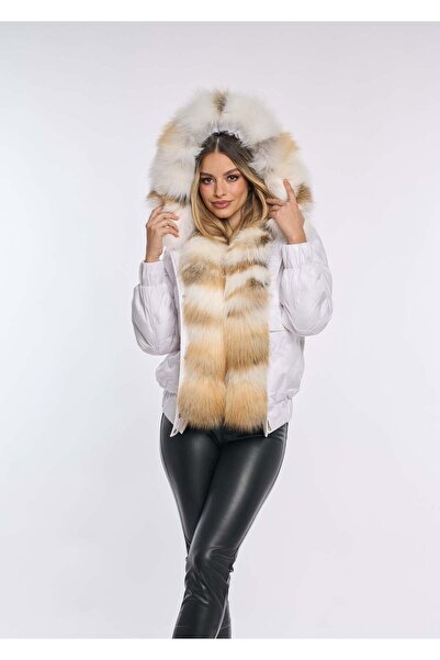 Luxus Geaca fas parka scurta cu blana naturala de vulpe, Alba