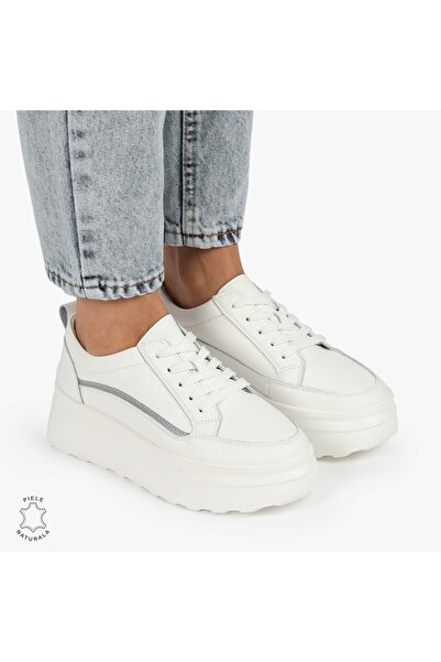 trendamoda Pantofi CASUAL PIELE NATURALA dunga decorativa cu talpa inalta alb