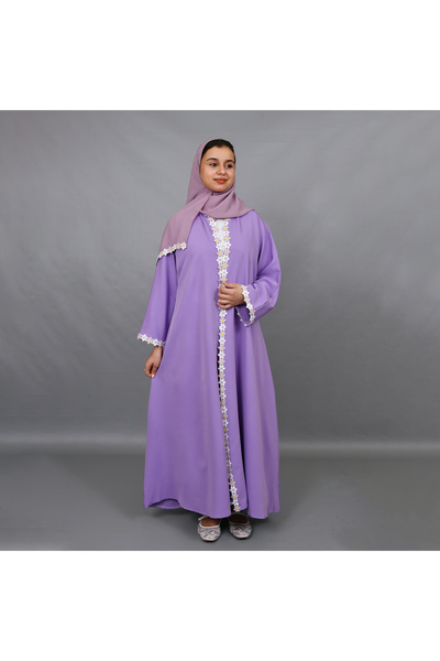 HAWRAA ABAYA عباية لافندر ناعمة بتطريز أزهار الأقحوان الأبيض