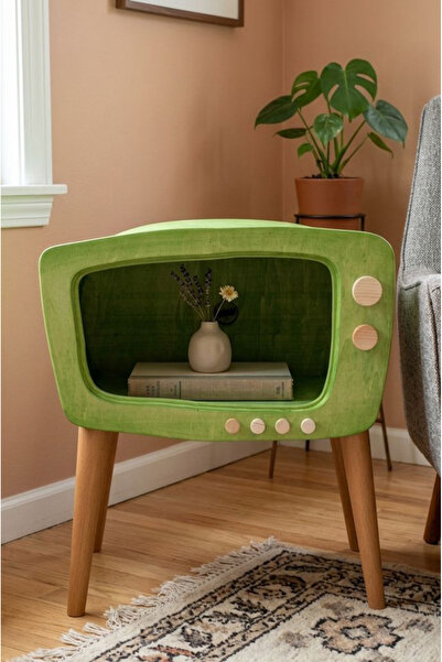 huncar Fıstık Yeşili Retro TV Sehpa El Yapımı Ahşap Köşe Sehpası Nostaljik Vi...