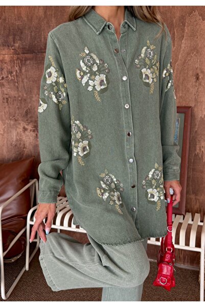MİA NOURA Women's Front Beaded Embroidered Denim Oversize Shirt