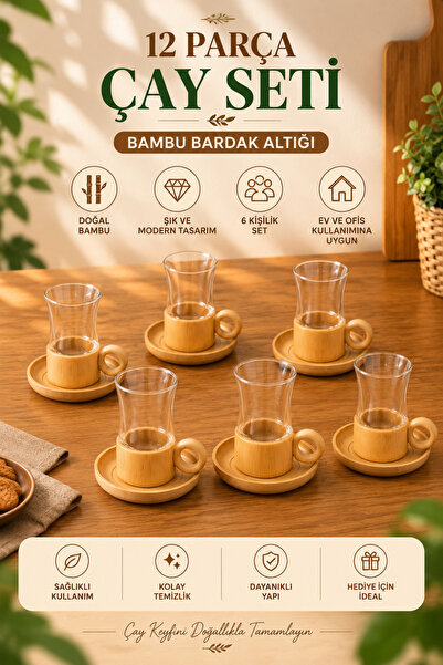 Yenilig 12 Pieces Bamboo Tea Set for 6 People Glass Tea Cup and Bamboo Coaste...