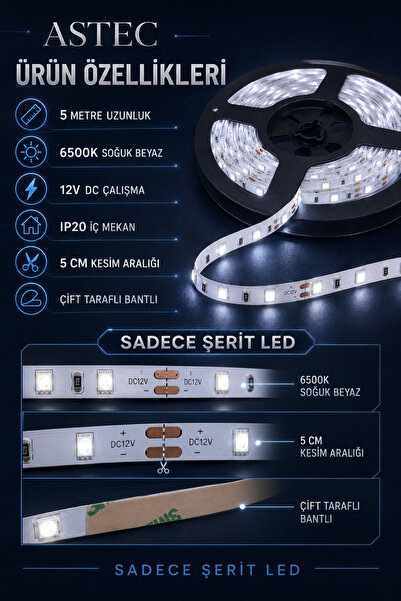 ASTEC 12V Şerit LED 5 Metre / 10 Metre Yapışkanlı Kesilebilir İç Mekân Aydınlatma – Trafo Hariç Bütün Renkler