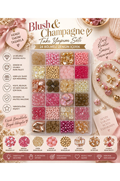 By MO Accessories Blush & Champagne 24 Bölmeli Pembe Krem Boncuk Takı Tasarım...