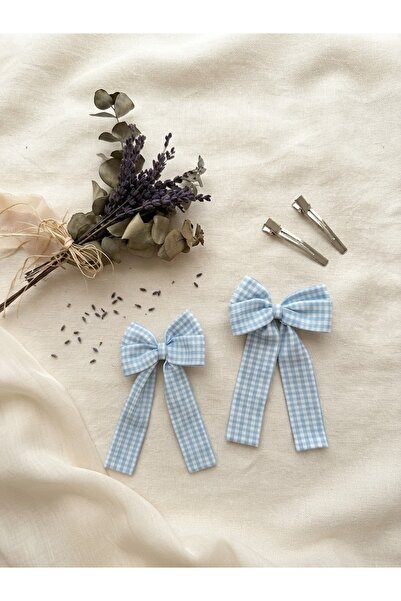 ZARİNA Blue plaid bow buckle 1 pair