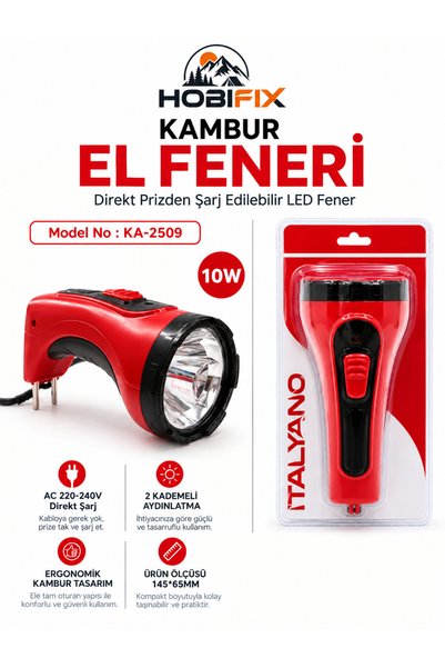 Hobifix Kambur El Feneri 10W 380 Lümen 300 Metre Mesafe Şarjlı LED Fener 1200...