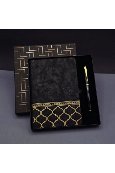 Livenda Gold Pattern Black Leather Notebook Pen Set