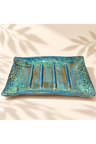 Ranowa Ceramic El Yapımı Stoneware Sabunluk Turkuaz Mavi Sırlı Desenli Banyo ...