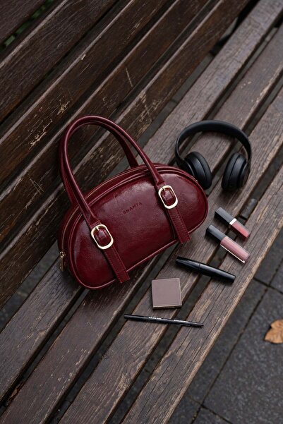 Shanta Bordo Kırışık Rugan D62 Gold Tokalı Oval Tasarımlı Geniş İç Hacimli Şı...