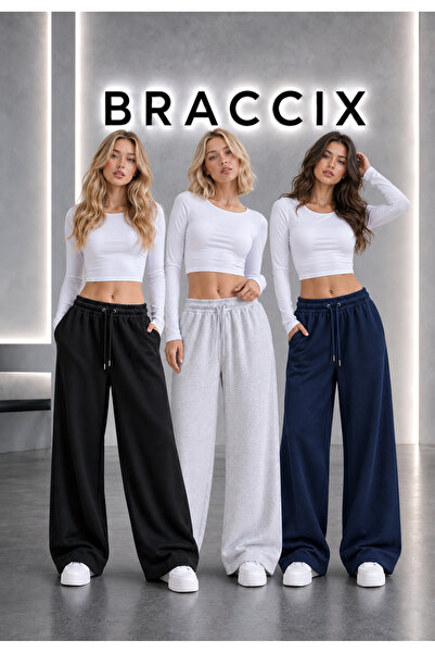 BRACCİX بنطلون رياضي نسائي عالي الخصر من 3 قطع (أسود-رمادي-كحلي)