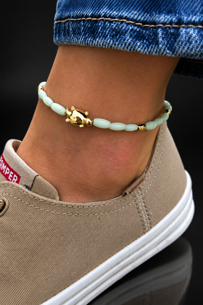 ByMerve Bym Women's Water Green Beaded Gold Loggerhead Turtle Figured Anklet ...
