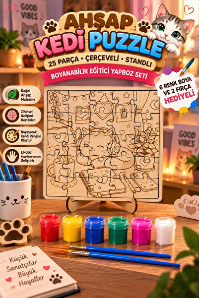 Genç 3D Ahşap Kedi Puzzle 25 Parça Çerçeveli Standlı Boyanabilir Eğitici Yapb...