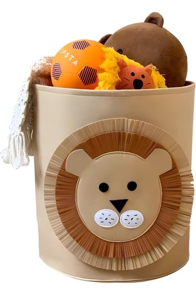 Generic Brand Toy storage basket, lion pattern, brown felt, 35×35×35 cm