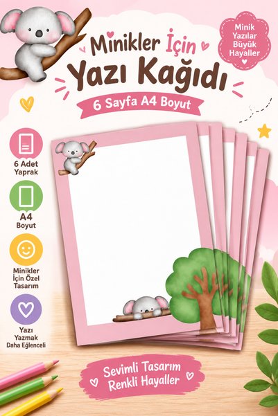 Organik Yolda Minikler İçin Yazı Kağıdı 6 Adet A4 Boyut Sevimli Koala Tasarımlı Çocuk Yazı Kağıdı