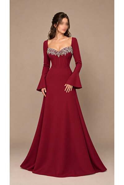 Rose Burgundy Corset Evening Dress with Luxurious Crystal Embroidery